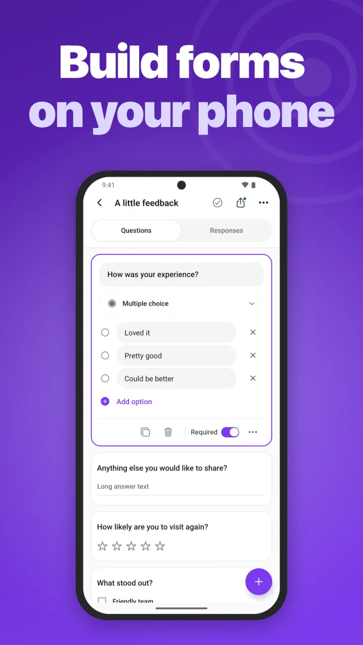 Build on your phone: edit questions in a form, with the question editor open.