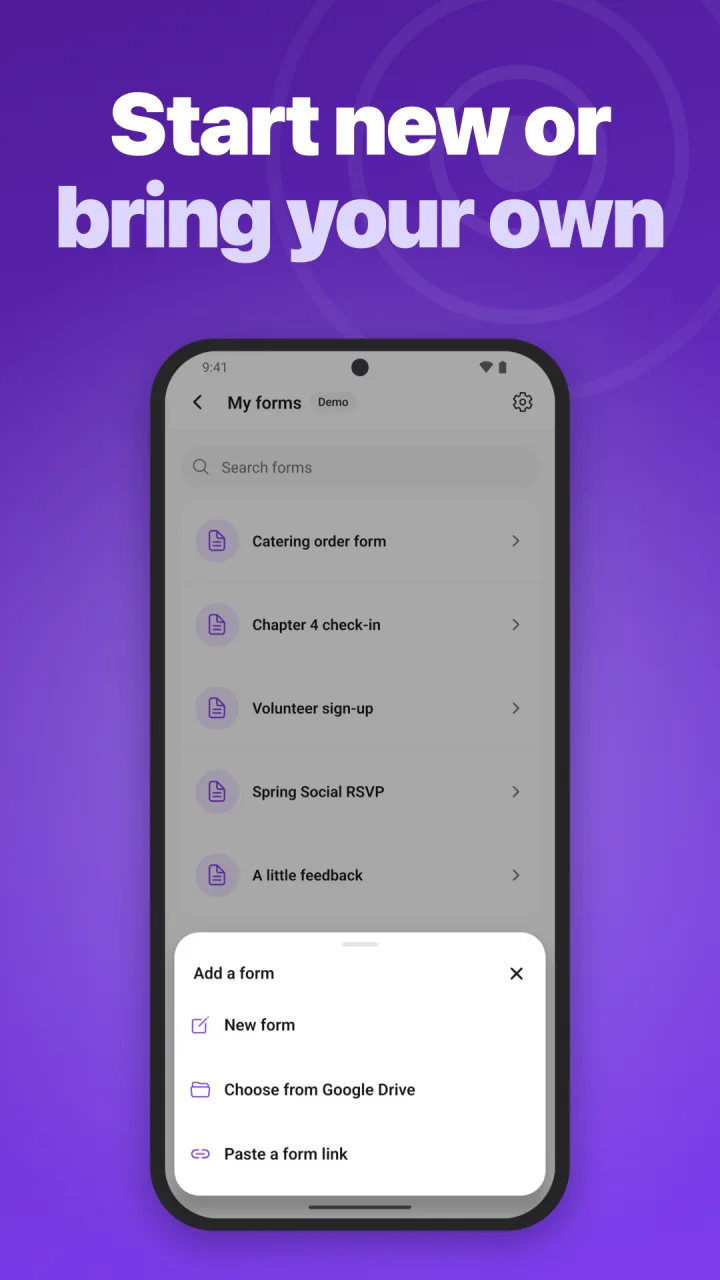 Start new or bring your own: create a form, choose one from Google Drive, or paste a form link.