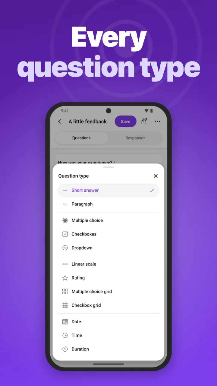 Every question type: short and long answers, choices, scales, ratings, grids, dates, and times.