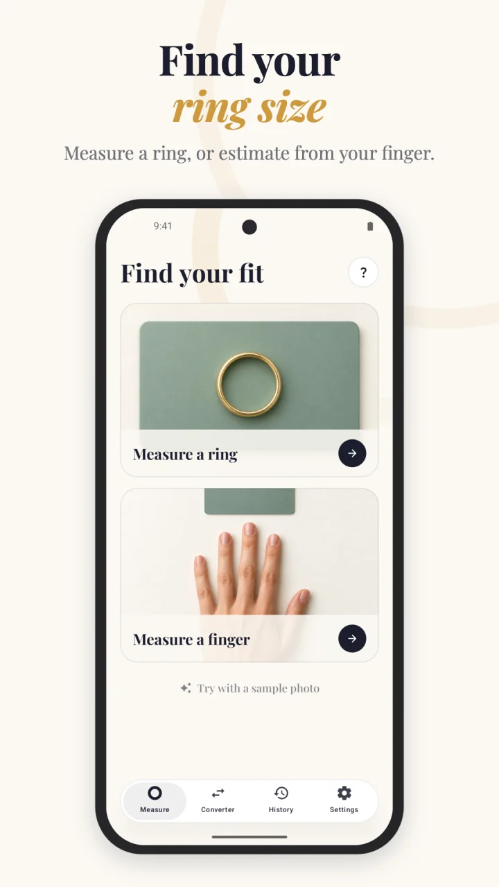 Find your ring size: measure a ring, or estimate from your finger.